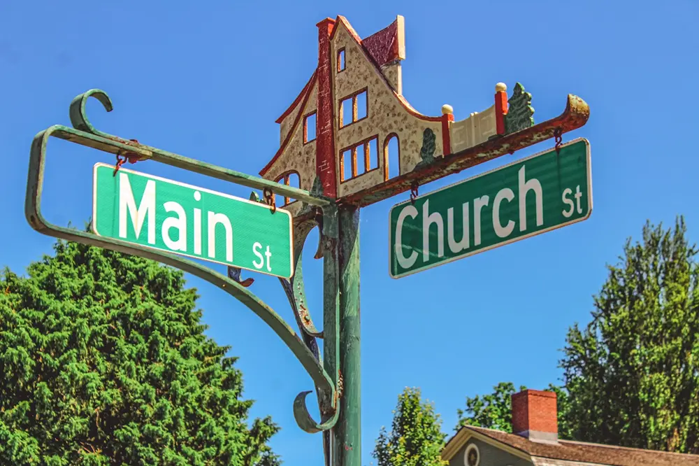 Image of signs on intersection of Main St and Church St, Wethersfield, CT